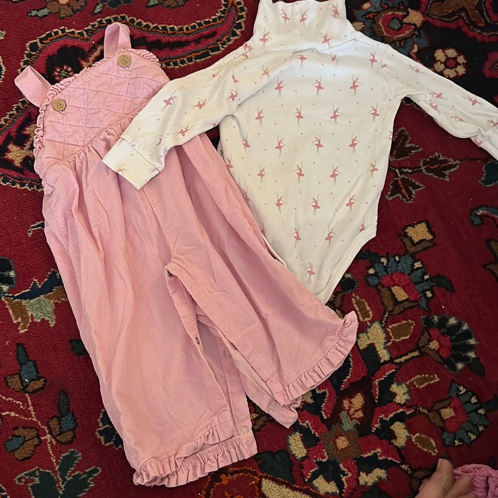 Precious Little English 6 month Baby Girl Overalls and Turtle Neck Set